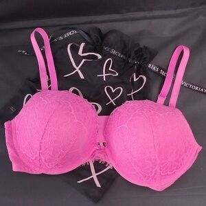 Victoria's Secret 38D Neon Pink Dream Angels Lace Bra & Lingerie Pouch